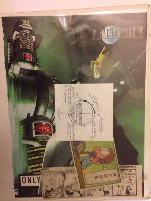 My heroic circle notes in front of a Final Fantasy VII ad and a couple of comic strips.